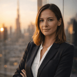 Middle Eastern businessman with beard in gray suit standing in modern corporate lobby