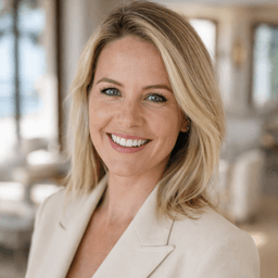 Professional woman with blonde hair in elegant business attire smiling in bright office